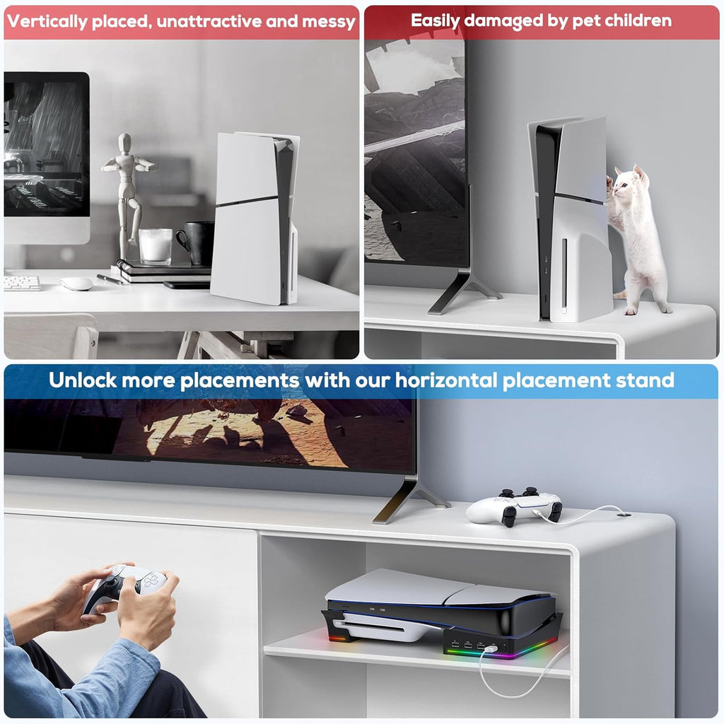 RGB Horizontal Stand for PS5 Pro / Slim Console Accessories with 14 Light Mode and 4 USB Hubs, Side Stand for Playstation 5 Pro / Slim Disc & Digital, Base Holder with Fast Charging, Black
