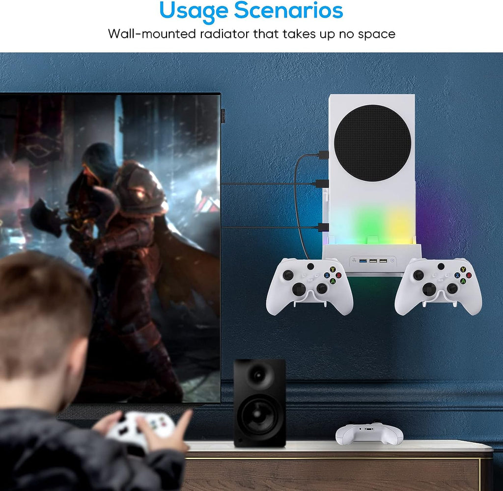 Wall Mount Holder for Xbox Series S, Wiher Wall Mount Kit Accessories with Cooling Bracket, RGB LED Light Strip, USB Port, Controller Hook for Series S White