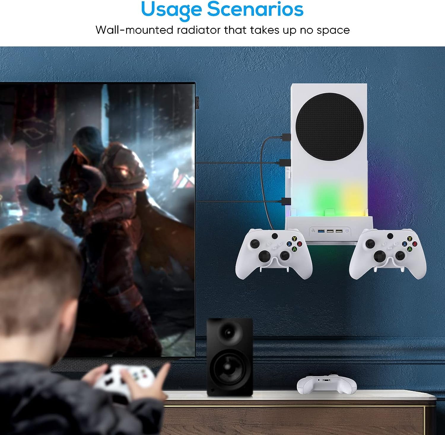 Wall Mount Holder for Xbox Series S, Wiher Wall Mount Kit Accessories with Cooling Bracket, RGB LED Light Strip, USB Port, Controller Hook for Series S White