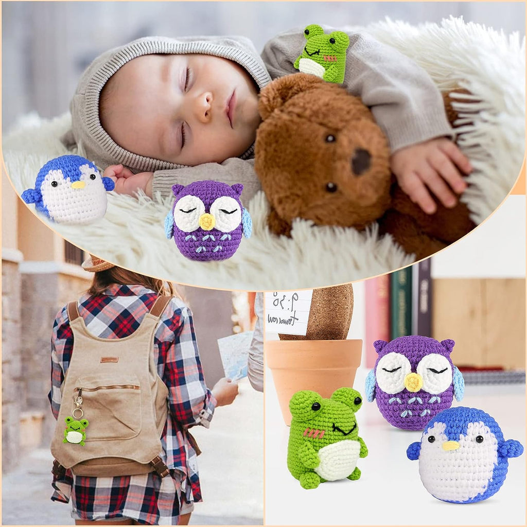 Wiher Crochet Kit for Beginners, Crochet Starter Kit for Adults and Kids Complete Knitting Kit to Make 3 PCS Animals, Learn to Crochet with Step-by-Step Instruction and Video (Penguin+Frog+Owl)