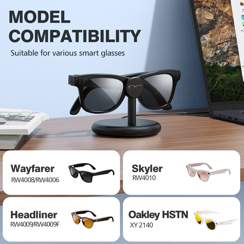 Charging Station for Meta Wayfarer/Skyler/Headliner, Portable Charging Dock Compatible with Oakley Meta HSTN, Travel Charging Stand with Cable, LED Indicator,Black