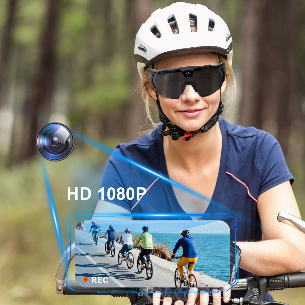 Wiher Smart Camera Glasses, Outdoor Sports Glasses HD Recording Video, Cycling Action Sunglasses, Wearable Audio Take a Picture Wireless Photography Shooting VCR，Suitable for Men and Women(Black)
