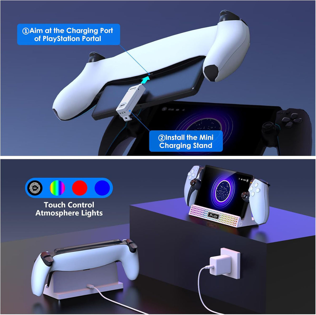 Charging Dock for PlayStation Portal, 3 in 1 Charging Stand for PS5 Portal with 14 RGB Light and 4.9ft USB C Charging Cable, Portable Charger Accessories for PlayStation Portal Remote Player(White)