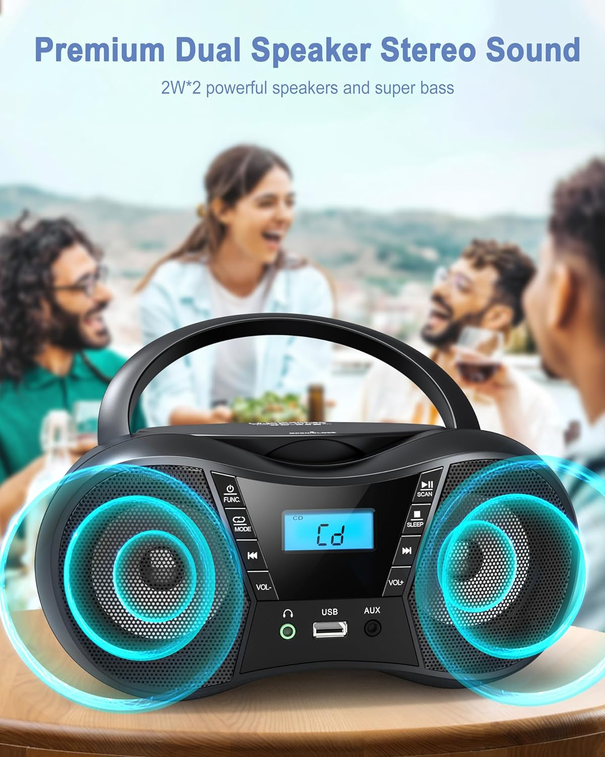 Prociv CD Player Boombox with FM Radio,Bluetooth 5.1,Clear Sound,LCD Display,USB/AUX Input,AC/Battery Powered,CD/CD-R/CD-RW Compatible,3.5mm Headphone Jack,Sleep Timer for Home,Seniors,Kids Black