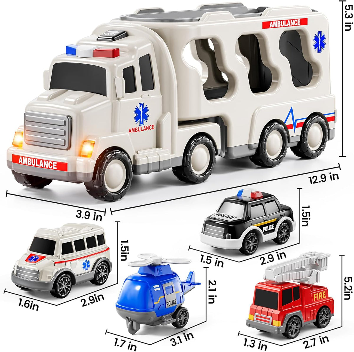 5 in 1 Emergency Rescue Vehicle Carrier Truck Toys for 3-6 Year Old Boys, Friction Power Cars with Rescue Helicopter, Police Car, Fire Truck, Ambulance Car, Christmas Birthday Gifts for Girls Age 3-9