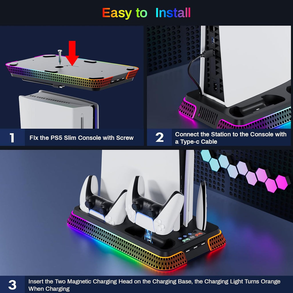 PS5/Pro/Slim Stand for Cooling Station, Controller Charging Station for PlayStation 5 Console, PS5 Stand Controller Charger for with 3 Levels Cooling Fan, Headset Holder for PS5 Digital/Disc