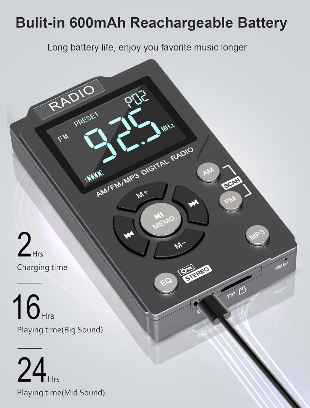 Wiher Digital AM FM Radio Portable Pocket Radio with Best Reception,600 mAh Rechargeable Walkman Radio with Stereo Earphone,Personal Radio Support TF Card,Large LCD Screen and Lock Screen