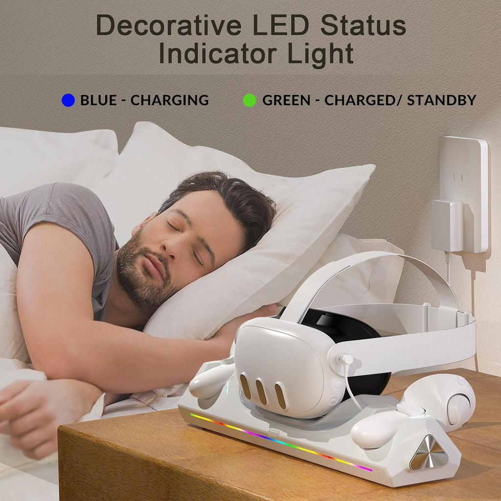 VR Charging Dock for Meta Quest 3/3S with RGB LED Light, Magnetic Charging Station for Oculus Quest 3 VR Headset and Touch Controllers, with 2 Rechargeable 2100mAh Batteries/USB-C Charger Cable