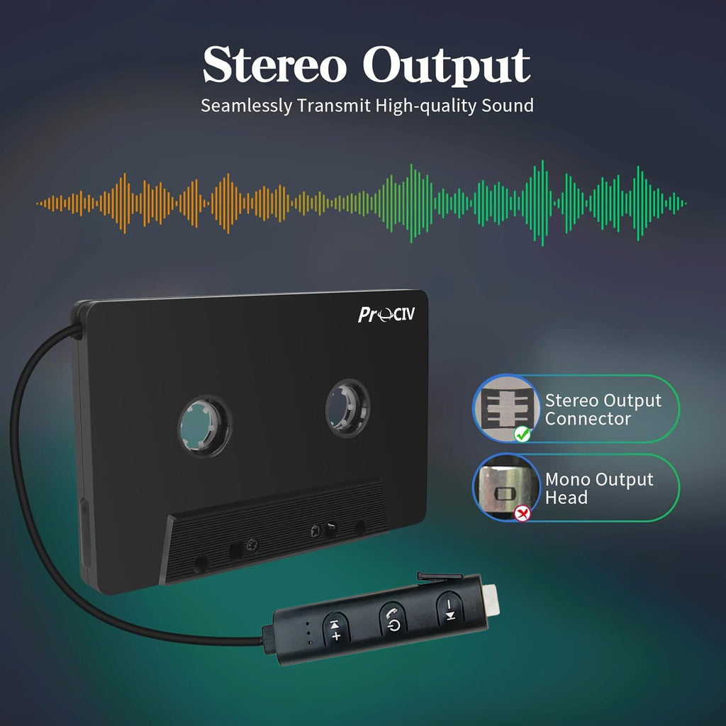 Prociv New Car Audio Bluetooth Wireless Cassette Receiver, Bluetooth 5.1 Car Audio Stereo Cassette Vehicle Tape Converter Cassette, Work While Charging Black