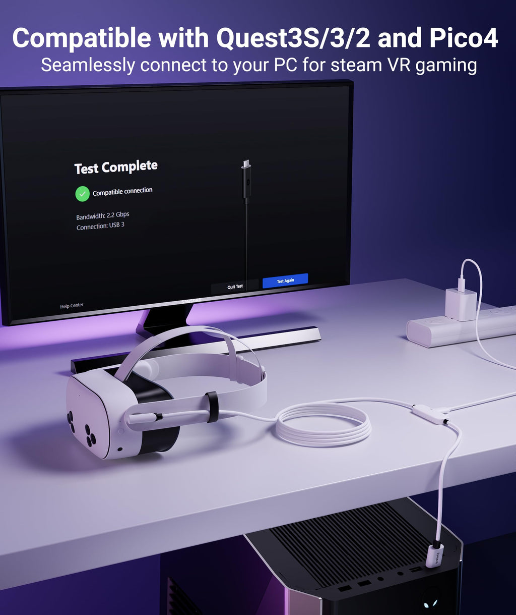 VR Link Cable with Charging 16FT Compatible with Oculus/Meta Quest 3S/3 Accessories, Quest2/Pro, Pico4, Link Cable for SteamVR, Charge & Link Simultaneously