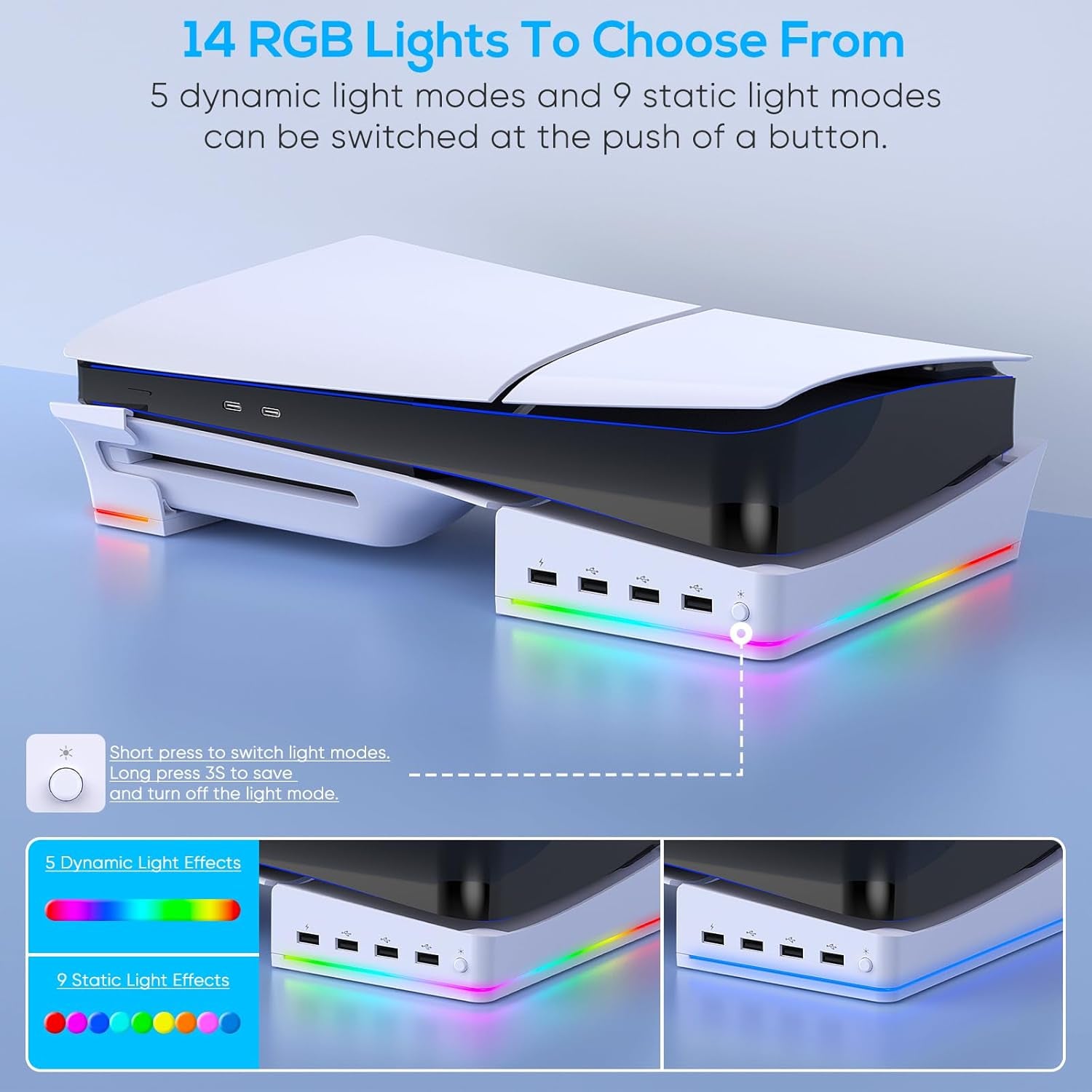 RGB Horizontal Stand for PS5 Pro / Slim Console Accessories with 14 Light Mode and 4 USB Hubs, Side Stand for Playstation 5 Pro / Slim Disc & Digital, Base Holder with Fast Charging, White