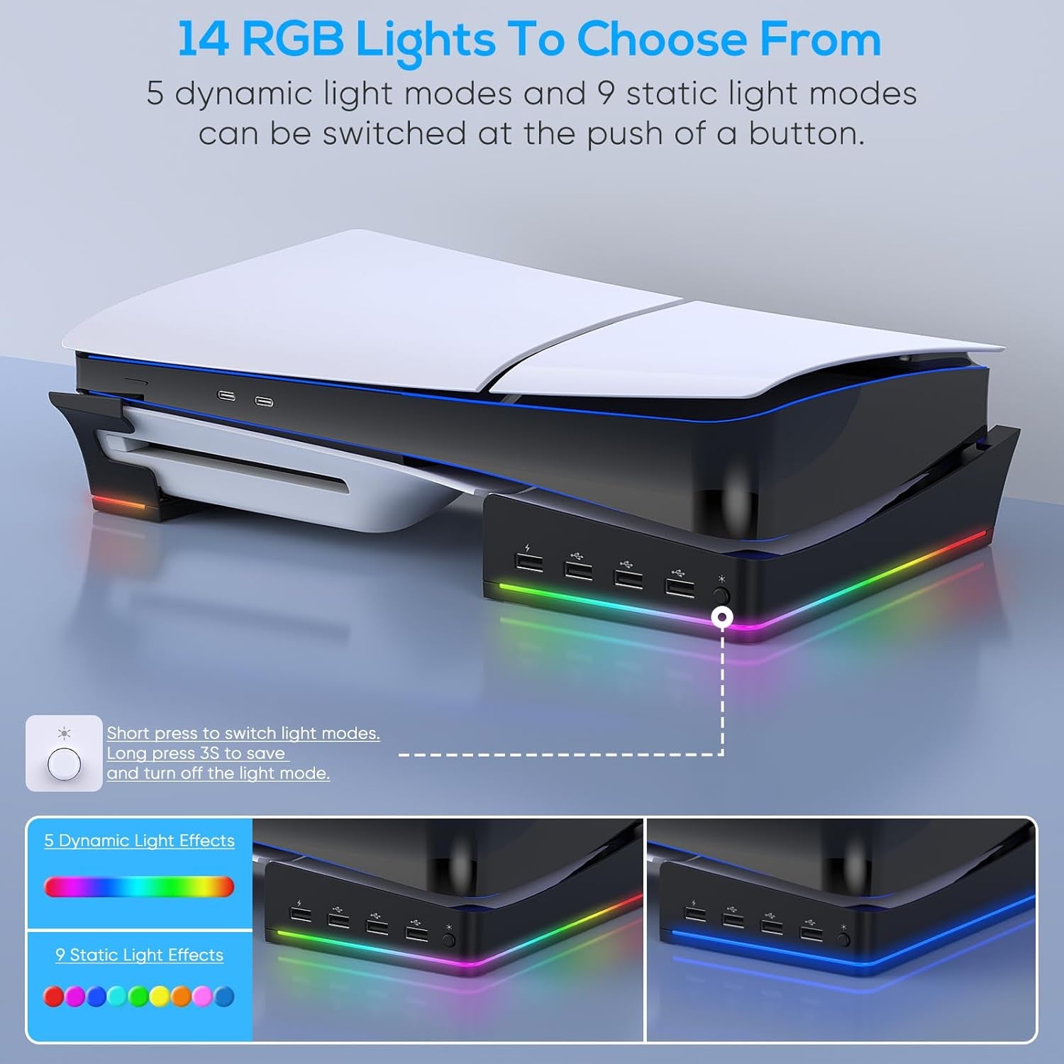 RGB Horizontal Stand for PS5 Pro / Slim Console Accessories with 14 Light Mode and 4 USB Hubs, Side Stand for Playstation 5 Pro / Slim Disc & Digital, Base Holder with Fast Charging, Black