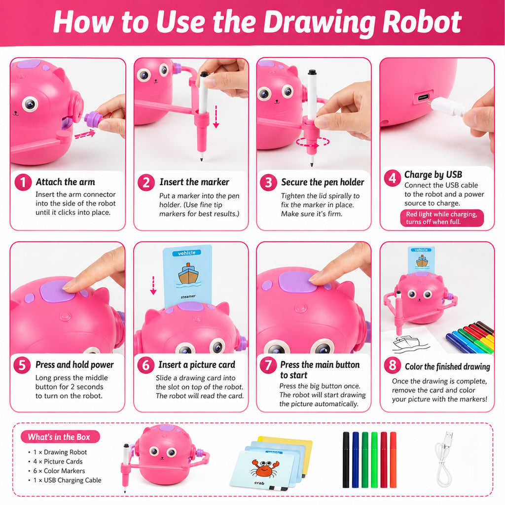 Drawing Robot for Kids, Interactive Educational Drawing Robot with Voice Interaction, Magic Painting Robot Toy with 100 Word Cards & 16 Color Pens for Girls and Boys Age 3+ (Pink)