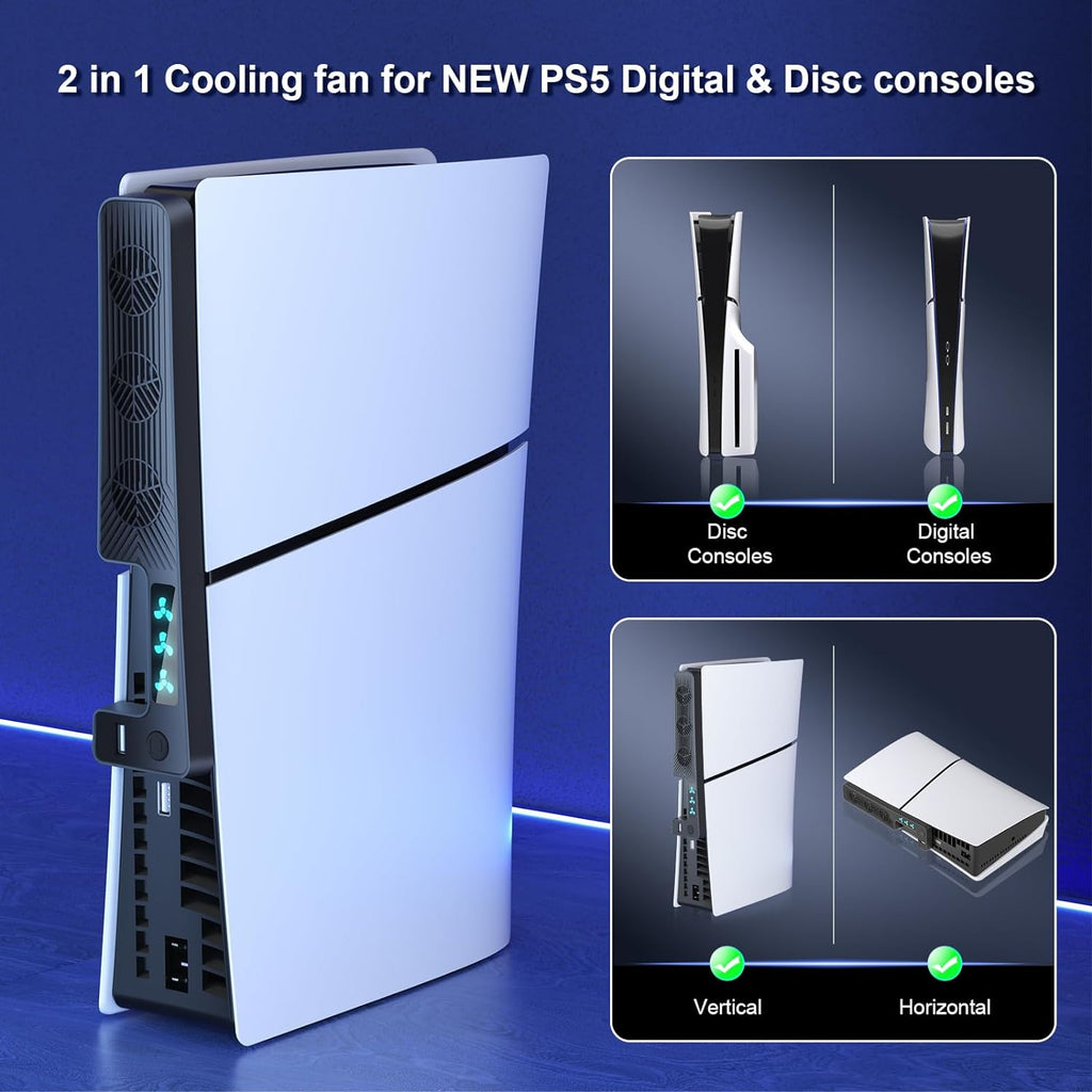 PS5 Slim Cooling Fan, Prociv New Playstation 5 Slim Console Accessories Cooler with USB Port and 3 Adjustable Quiet 9500-Speed Fans, PS5 Slim Digital/Disc Edition System Black