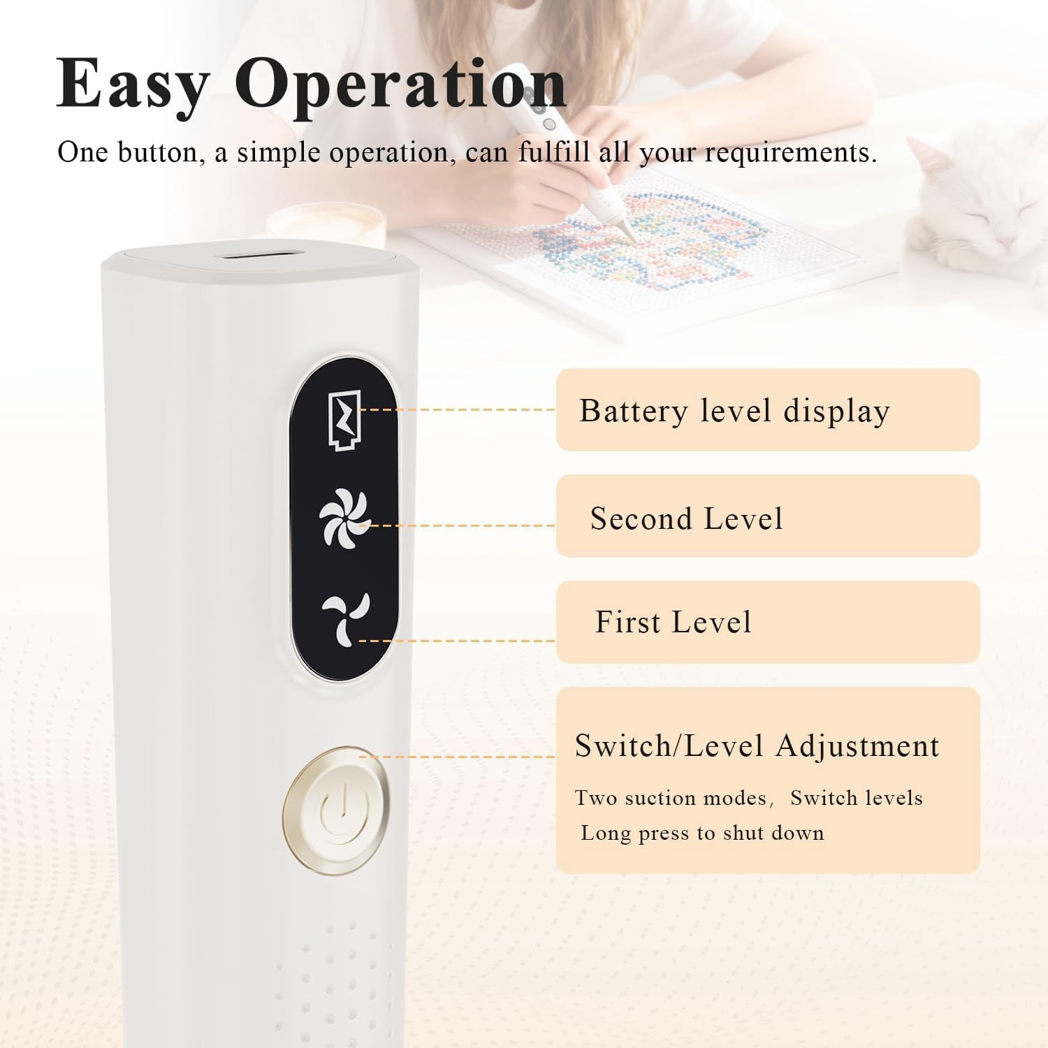 Wiher Diamond Art Pens, Vacuum Diamond Painting Pen no Wax Needed, Cordless & Quiet, Rechargeable Battery, Lightweight Design, Diamond Art Accessories for Adults, Gift for Diamond Art Fan, White