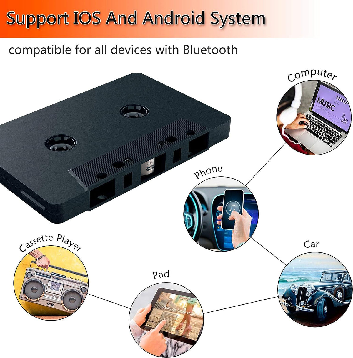 Wiher Car Audio Bluetooth Wireless Cassette Receiver, Tape Player Bluetooth 5.0 Cassette Aux Adapter Black
