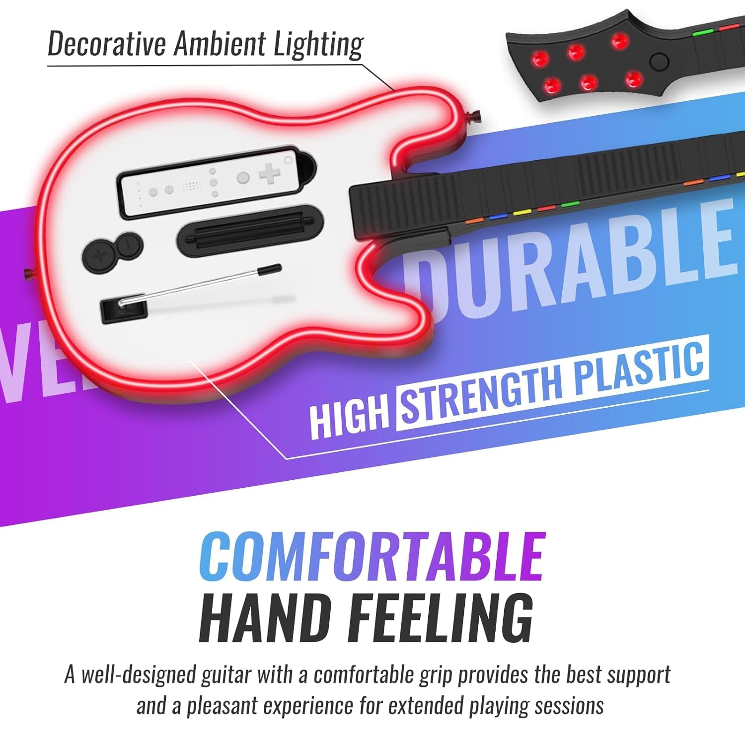 Guitar Controller Compatible with Nintendo Wii, Guitar Remote with Strap/RGB Light for Guitar Hero,Rock Band 2, Legends of Rock Black