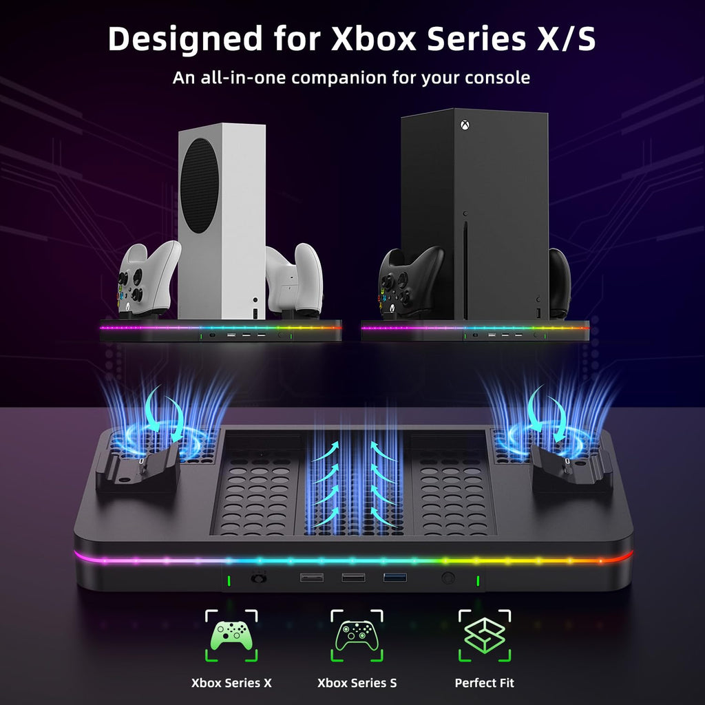 Charging Stand with Cooling Fan, Vertical Stand Compatible with Xbox Series X/S Console&Controller, Dual Controller Charger Station Dock with 3 USB Ports, Black
