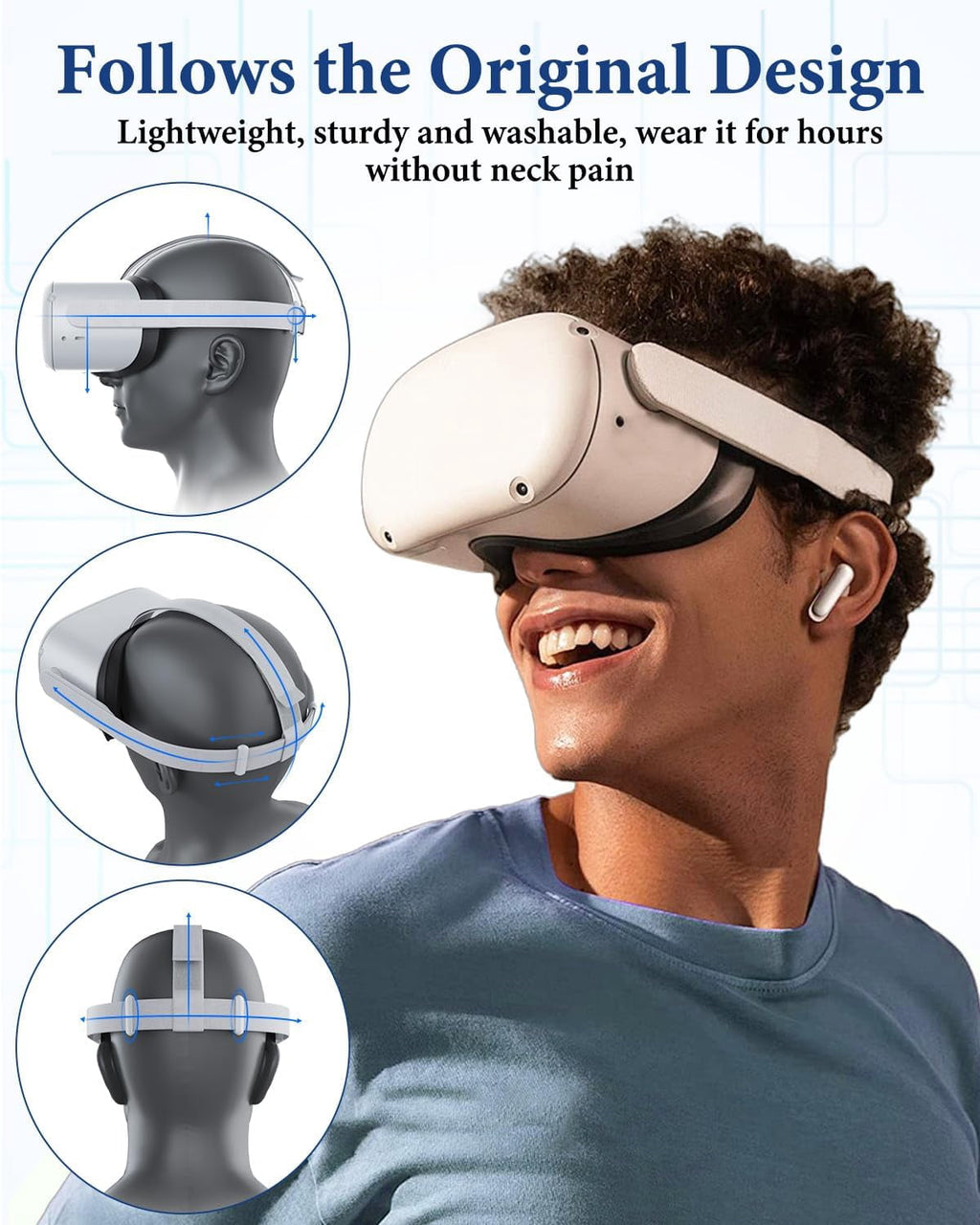 Replacement Head Strap for Meta Quest 2,Original Oculus Quest 2 Comfort Headband,4 Thumbstick Caps Included,Adjustable & Breathable Design-VR Head Strap Accessories
