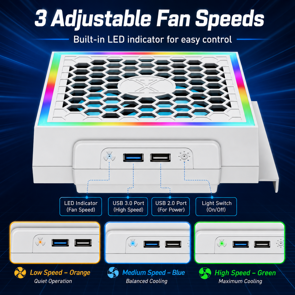 Mute Cooling Fan for Xbox Series S, High Speed RGB Fan Cooler System for Xbox Series S Console, 3 Adjustable Fan Speed, Low Noise, Fits Horizontal or Vertical Placement,White