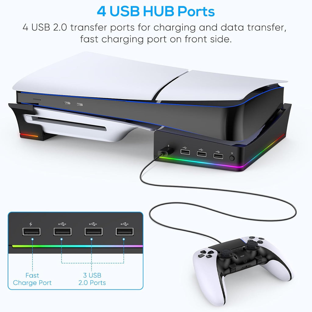 RGB Horizontal Stand for PS5 Pro / Slim Console Accessories with 14 Light Mode and 4 USB Hubs, Side Stand for Playstation 5 Pro / Slim Disc & Digital, Base Holder with Fast Charging, Black