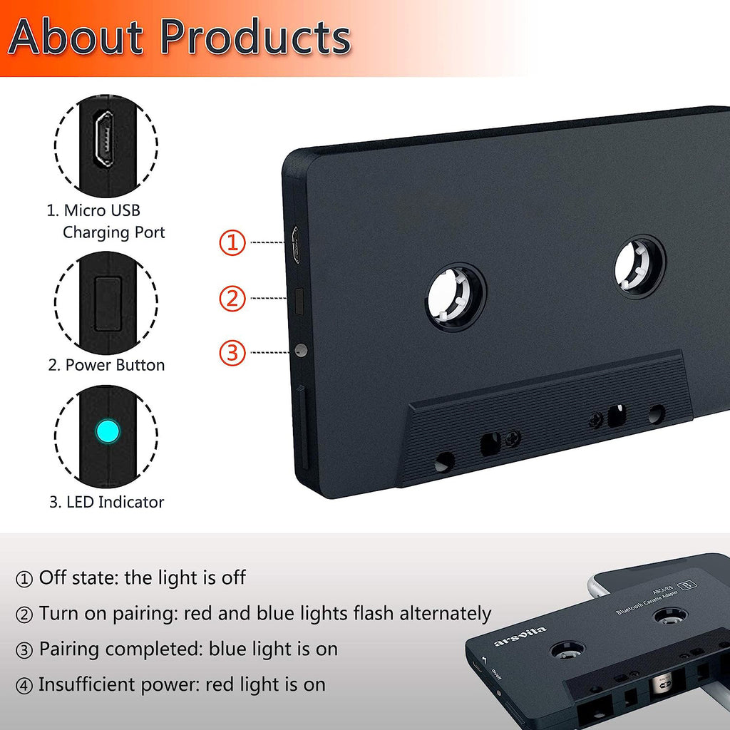 Wiher Car Audio Bluetooth Wireless Cassette Receiver, Tape Player Bluetooth 5.0 Cassette Aux Adapter Black