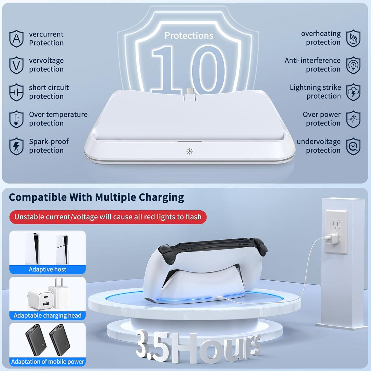 Charging Stand for PlayStation Portal, Enhanced Stability Charger Dock or Station with On/Off RGB Light and Type-C Cable, Pogo Pin Adapter and 30° Comfort Angle Design for PS Portal (White)