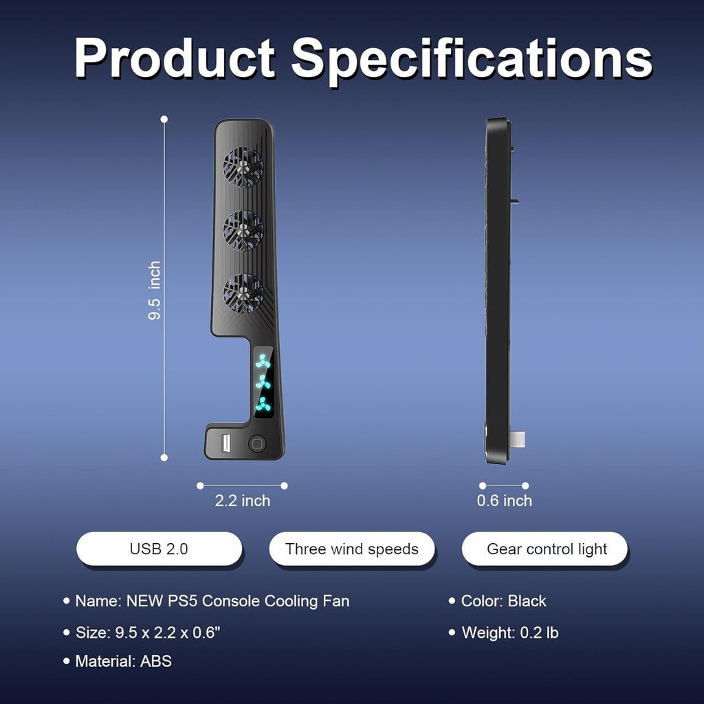 PS5 Slim Cooling Fan, Prociv New Playstation 5 Slim Console Accessories Cooler with USB Port and 3 Adjustable Quiet 9500-Speed Fans, PS5 Slim Digital/Disc Edition System Black