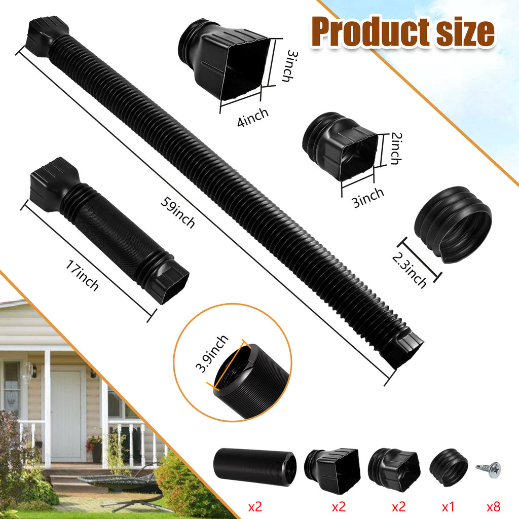 Wiher 2 Pack Flexible Rain Gutter Downspout Extensions,Drain Downspout Extender,Gutter Extension Flexible,Down Spout Drain Extension Pipes,Extendable from 21 to 60 Inches (Black)