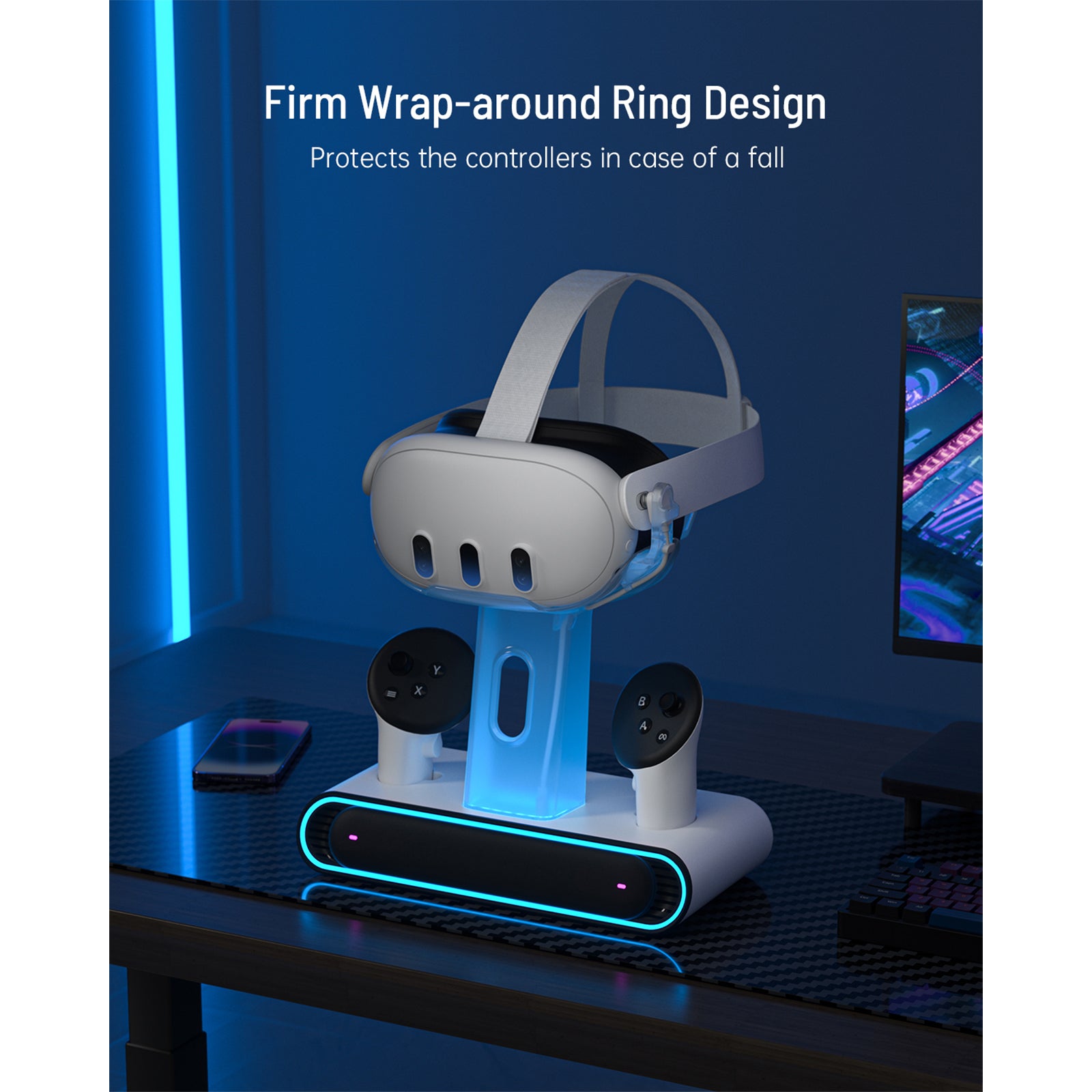 VR Charging Dock for Meta Quest 3/Quest 3S, Fast Charging Station with RGB 2 Rechargeable Batteries for Oculus Quest 3 Accessories, VR Headset Holder Stand & Controller Mount
