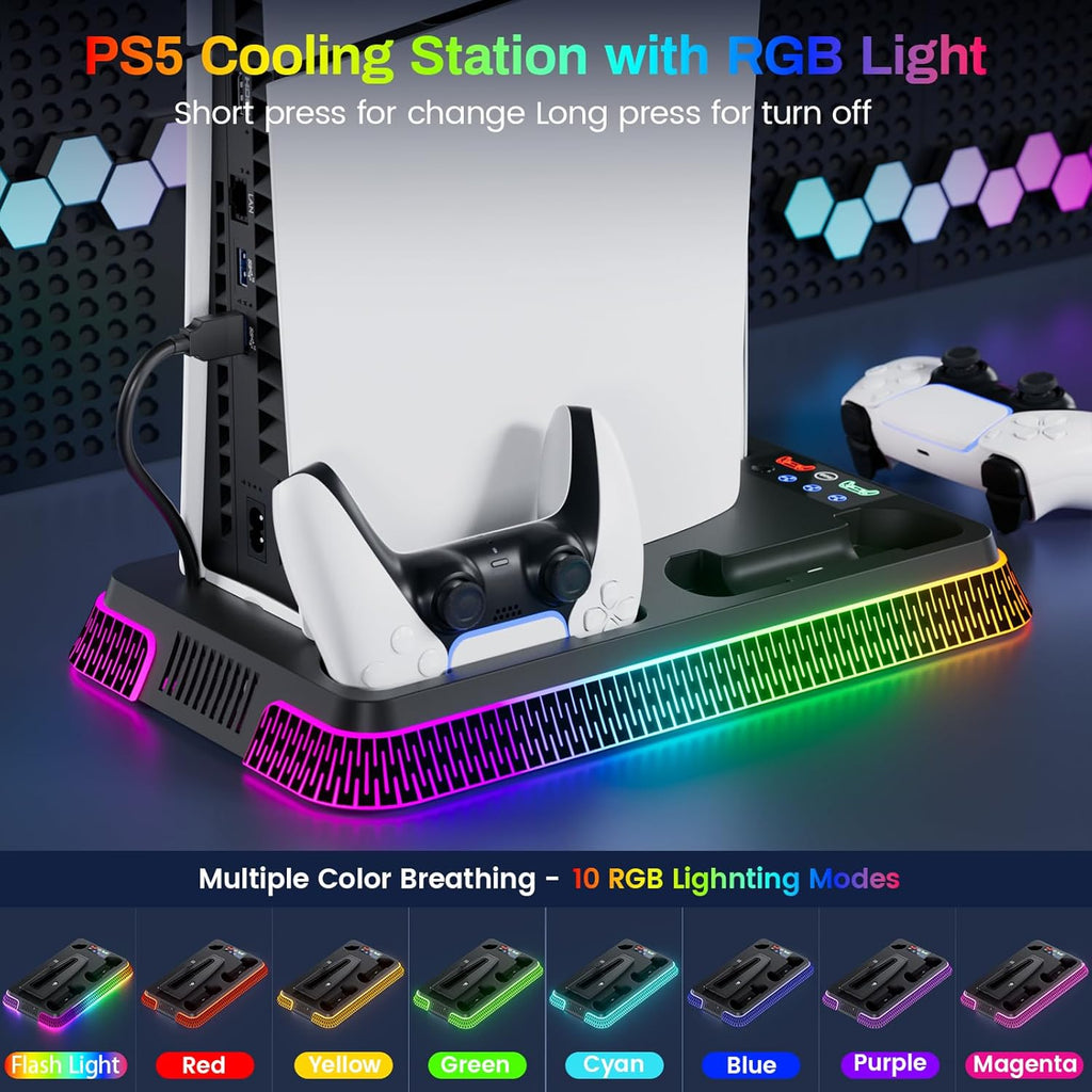 PS5/Pro/Slim Stand for Cooling Station, Controller Charging Station for PlayStation 5 Console, PS5 Stand Controller Charger for with 3 Levels Cooling Fan, Headset Holder for PS5 Digital/Disc