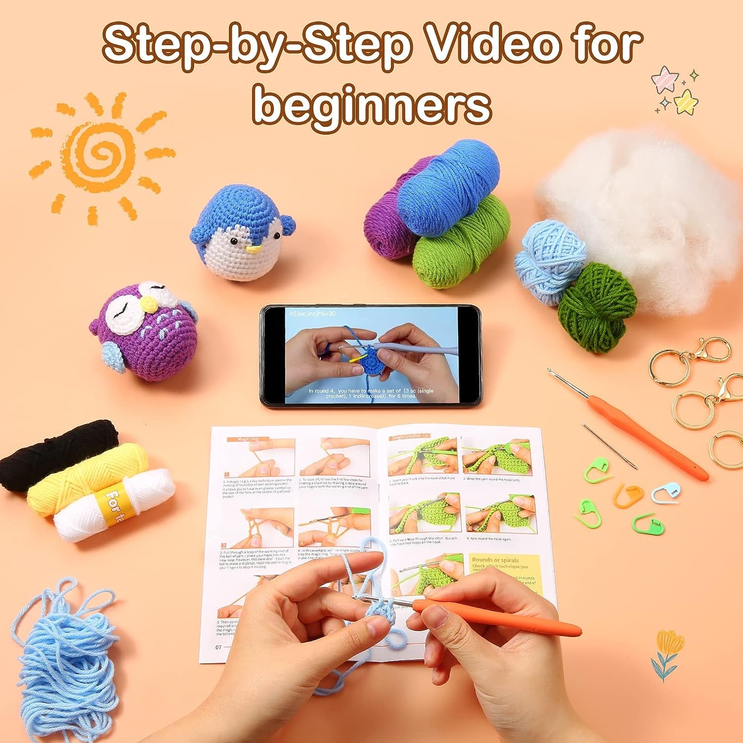 Wiher Crochet Kit for Beginners, Crochet Starter Kit for Adults and Kids Complete Knitting Kit to Make 3 PCS Animals, Learn to Crochet with Step-by-Step Instruction and Video (Penguin+Frog+Owl)
