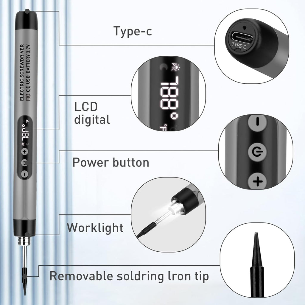 Cordless Soldering Iron Kit, USB Rechargeable Portable Cordless Soldering Iron,LED Light and LCD Digital Adjustable Temperature, Soldering Iron for Electric Repairs, DIY(Gray)