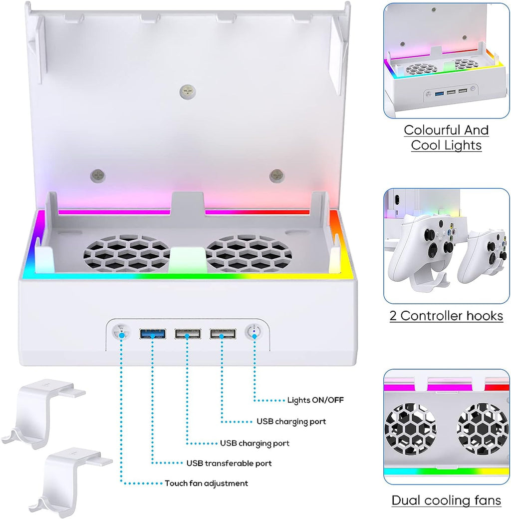 Wall Mount Holder for Xbox Series S, Wiher Wall Mount Kit Accessories with Cooling Bracket, RGB LED Light Strip, USB Port, Controller Hook for Series S White