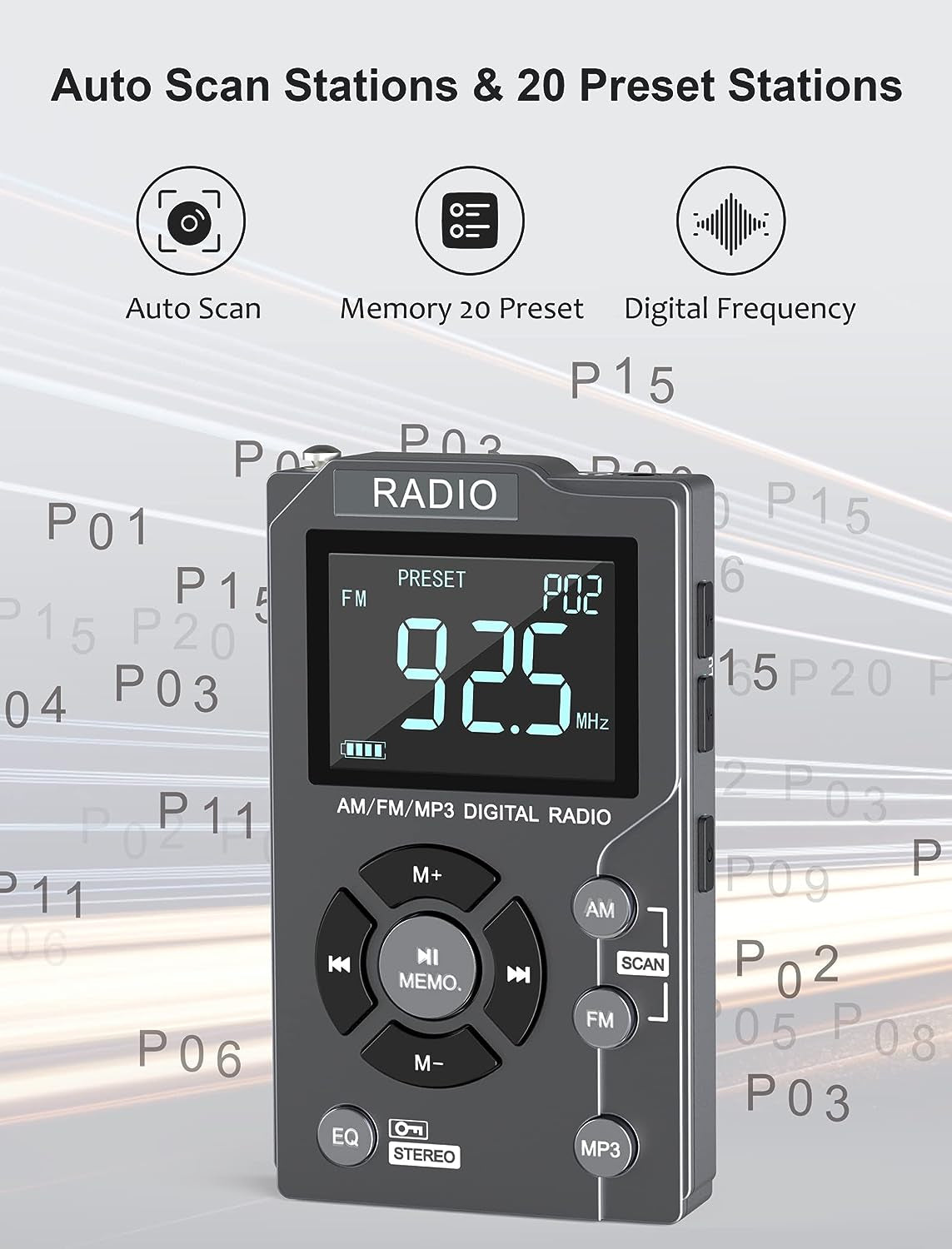 Wiher Digital AM FM Radio Portable Pocket Radio with Best Reception,600 mAh Rechargeable Walkman Radio with Stereo Earphone,Personal Radio Support TF Card,Large LCD Screen and Lock Screen