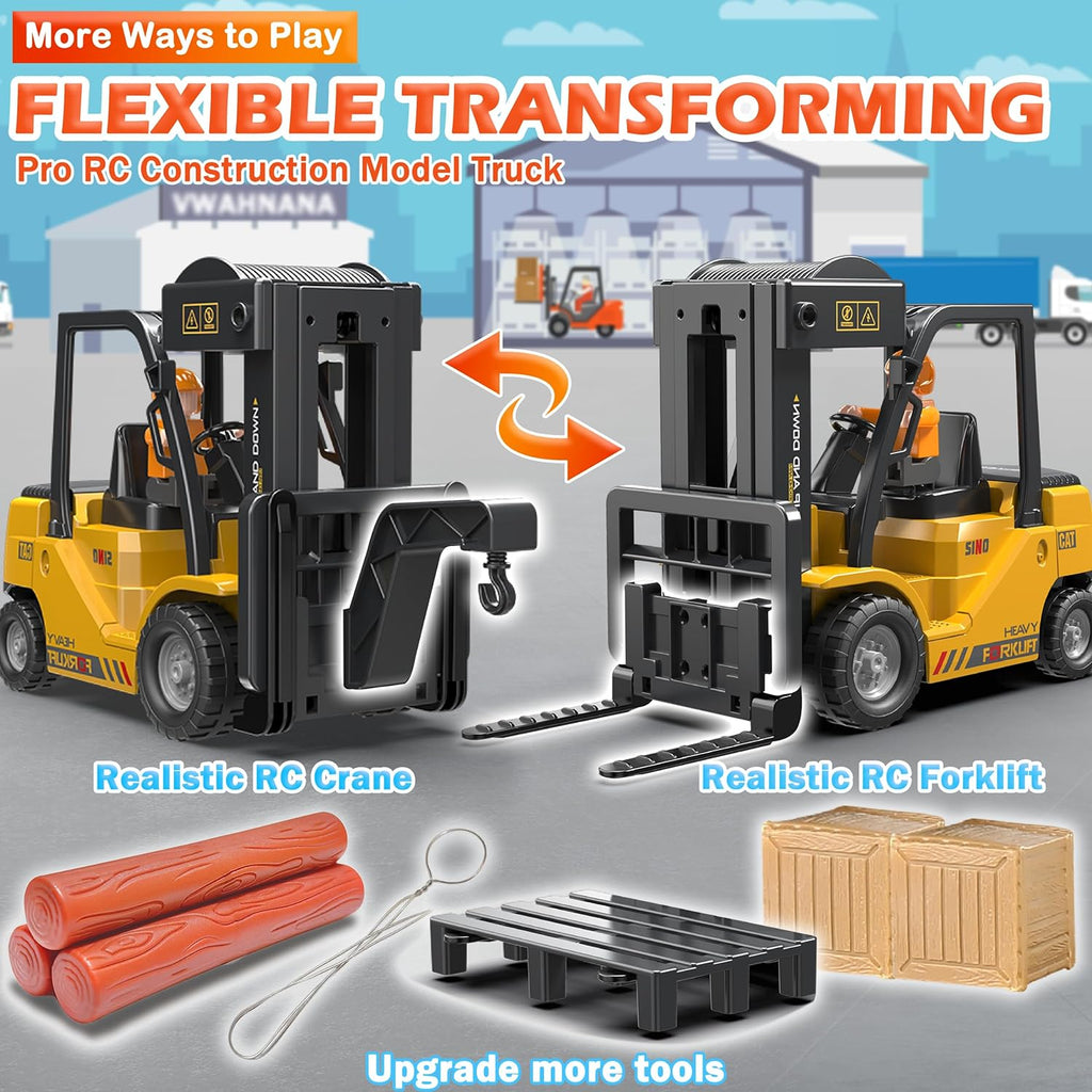 RC Forklift Truck, Remote Control Crane, Full Function Forklift RC Construction Toys Car, 2 Batteries, Spray, Light, Fork Crane Truck Toy Gift for Kids 6+