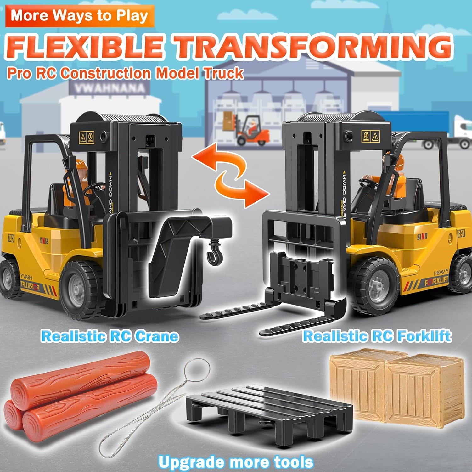 RC Forklift Truck, Remote Control Crane, Full Function Forklift RC Construction Toys Car, 2 Batteries, Spray, Light, Fork Crane Truck Toy Gift for Kids 6+