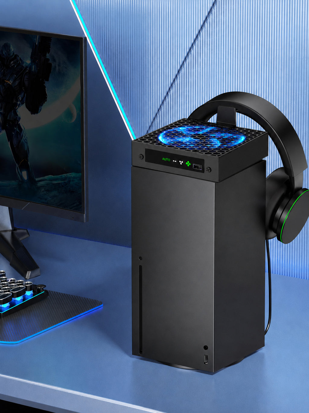 Auto Cooling Fan for Xbox Series X, Cooling System Compatible with Xbox Series X Console Accessories, Automatic Fan Speed Adjustable by Temperature, USB Ports & Headset Holder(Black)