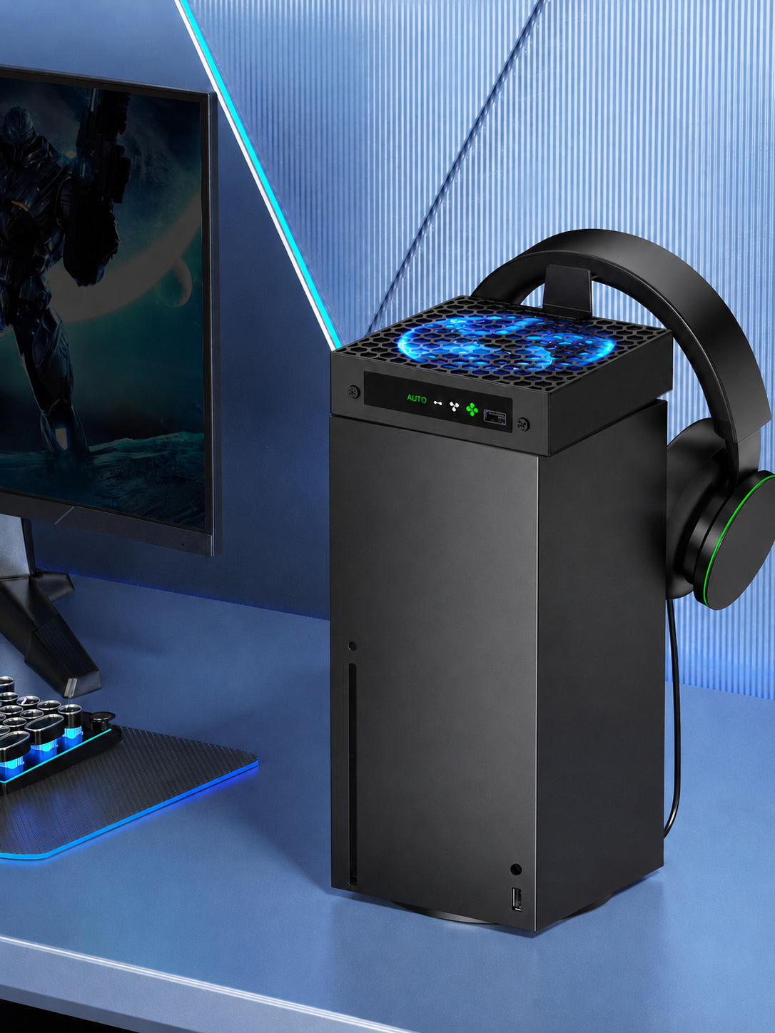 Auto Cooling Fan for Xbox Series X, Cooling System Compatible with Xbox Series X Console Accessories, Automatic Fan Speed Adjustable by Temperature, USB Ports & Headset Holder(Black)