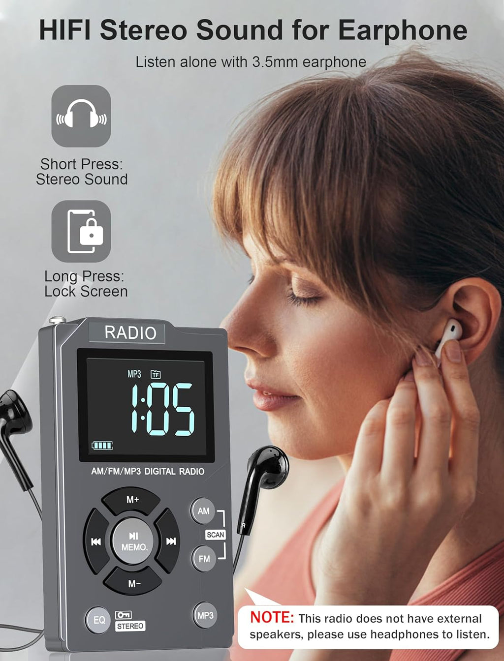 Wiher Digital AM FM Radio Portable Pocket Radio with Best Reception,600 mAh Rechargeable Walkman Radio with Stereo Earphone,Personal Radio Support TF Card,Large LCD Screen and Lock Screen