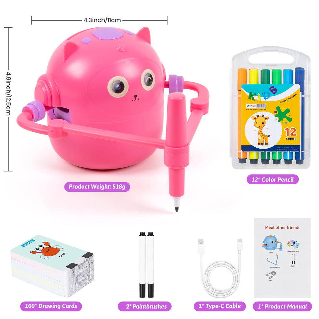 Drawing Robot for Kids, Interactive Educational Drawing Robot with Voice Interaction, Magic Painting Robot Toy with 100 Word Cards & 16 Color Pens for Girls and Boys Age 3+ (Pink)