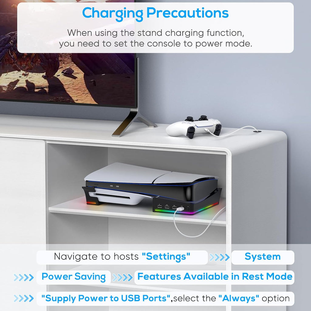 RGB Horizontal Stand for PS5 Pro / Slim Console Accessories with 14 Light Mode and 4 USB Hubs, Side Stand for Playstation 5 Pro / Slim Disc & Digital, Base Holder with Fast Charging, Black