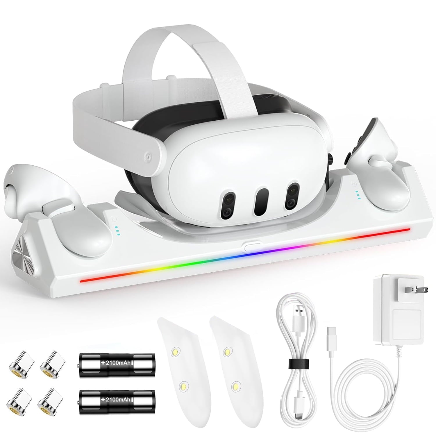 VR Charging Dock for Meta Quest 3/3S with RGB LED Light, Magnetic Charging Station for Oculus Quest 3 VR Headset and Touch Controllers, with 2 Rechargeable 2100mAh Batteries/USB-C Charger Cable