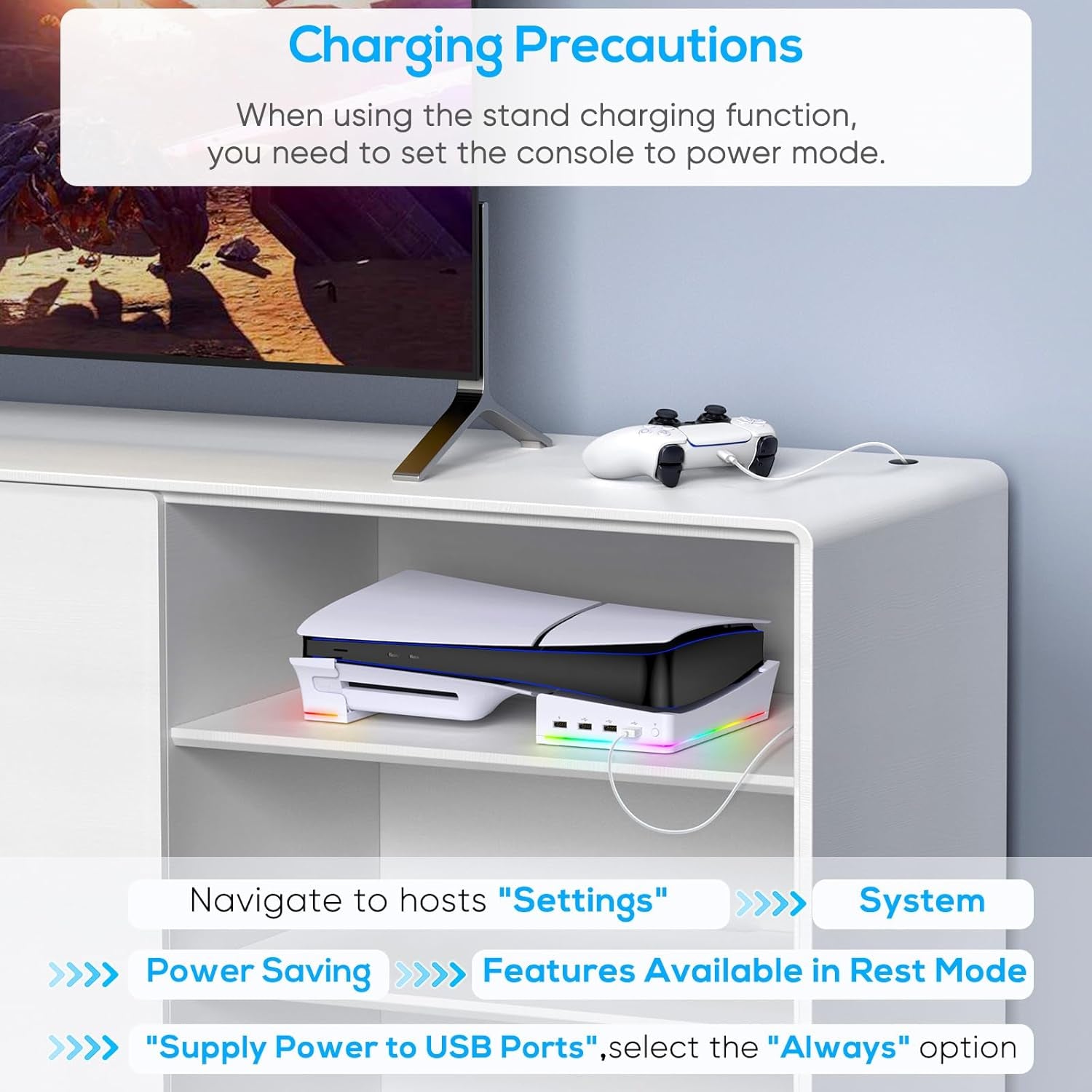 RGB Horizontal Stand for PS5 Pro / Slim Console Accessories with 14 Light Mode and 4 USB Hubs, Side Stand for Playstation 5 Pro / Slim Disc & Digital, Base Holder with Fast Charging, White