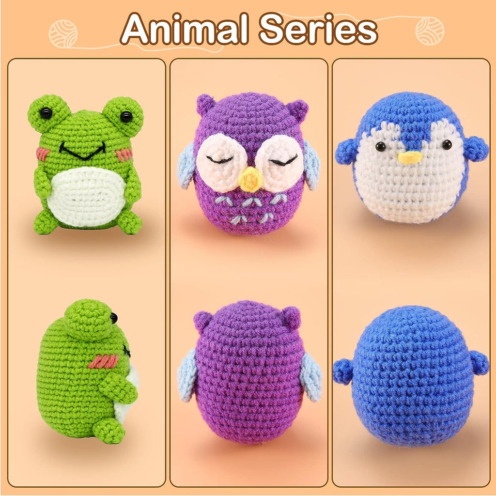 Wiher Crochet Kit for Beginners, Crochet Starter Kit for Adults and Kids Complete Knitting Kit to Make 3 PCS Animals, Learn to Crochet with Step-by-Step Instruction and Video (Penguin+Frog+Owl)
