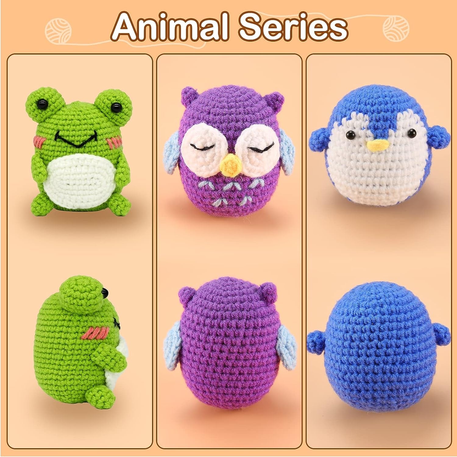 Wiher Crochet Kit for Beginners, Crochet Starter Kit for Adults and Kids Complete Knitting Kit to Make 3 PCS Animals, Learn to Crochet with Step-by-Step Instruction and Video (Penguin+Frog+Owl)