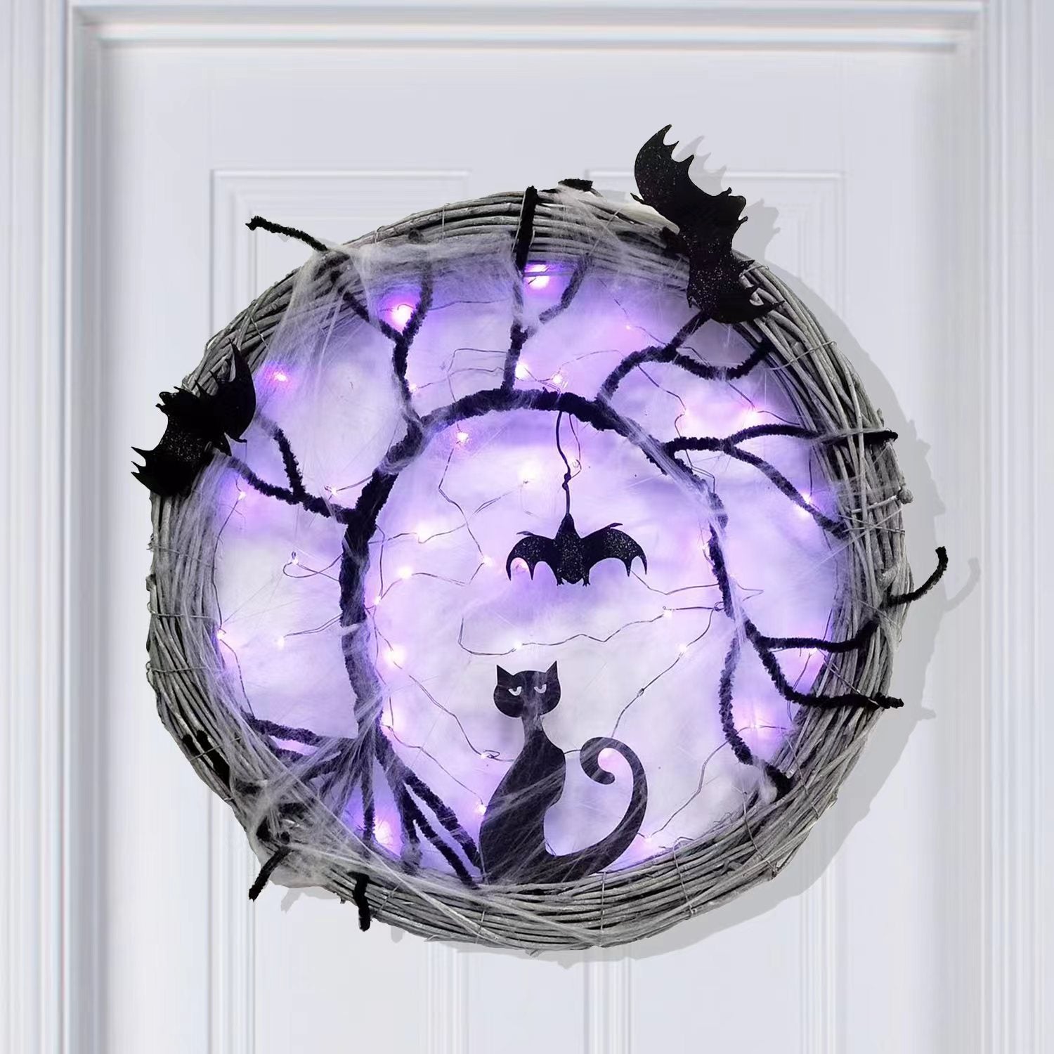 Wiher 18.8Inch Lighted UP Bat and Cat Halloween Wreath Decoration with Purple LED Lights,Battery Operated Horror Black Wreath Halloween Porch Decor
