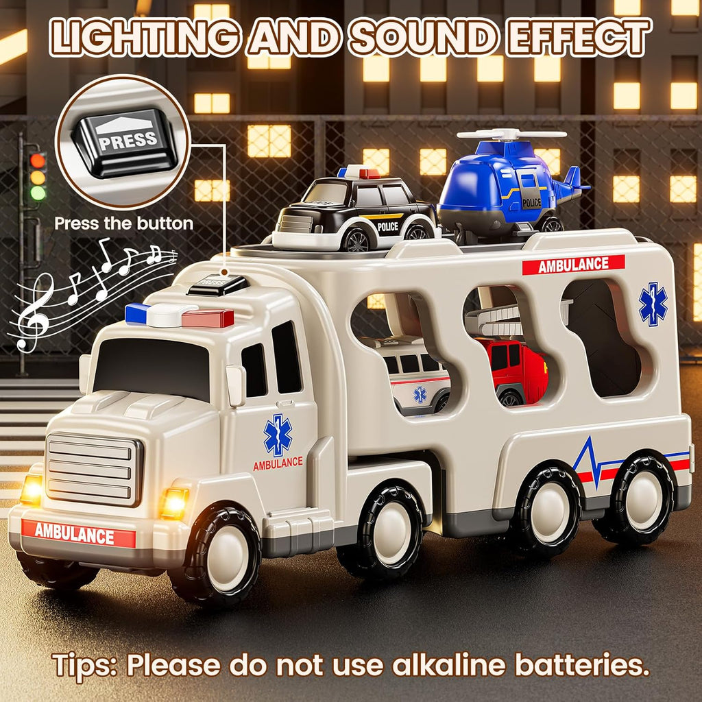 5 in 1 Emergency Rescue Vehicle Carrier Truck Toys for 3-6 Year Old Boys, Friction Power Cars with Rescue Helicopter, Police Car, Fire Truck, Ambulance Car, Christmas Birthday Gifts for Girls Age 3-9