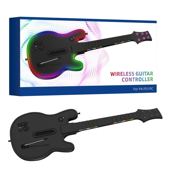 Wireless Guitar Controller Compatible with P S4/P S3/PC, Wireless Guitar Remote with Strap/RGB Light for Guitar Hero,Rock Band Games,Sleek Black