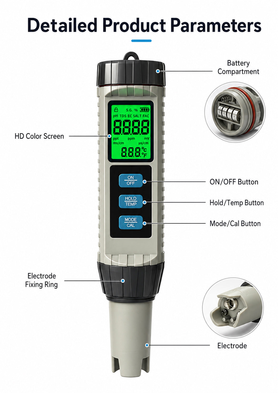 Wiher Pool Salt Tester, 8 in 1 Pool Salt Tester for Water PH / TDS / EC / SALT / TEMP/CL/S.G/ ORP Meter with ATC, for Household Drinking Water Pool Spas Fish Tank